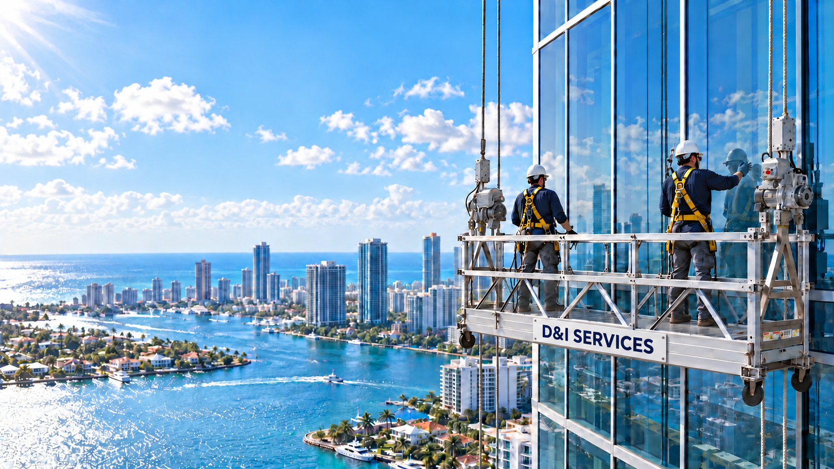 Two workers wearing hard hats and yellow harnesses on a suspended scaffold beside a glass high-rise